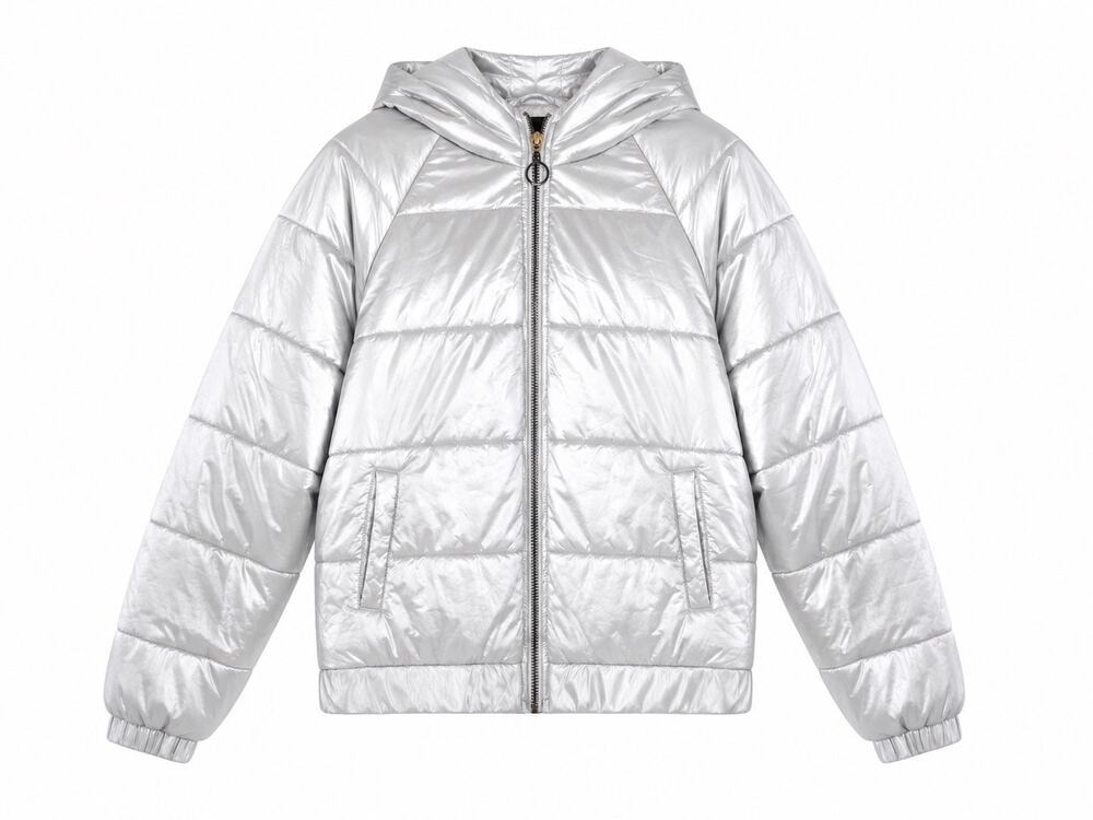 MP C Womens Silver Metallic Puffer Jacket Size L Hooded Quilted Zip Winter Coat